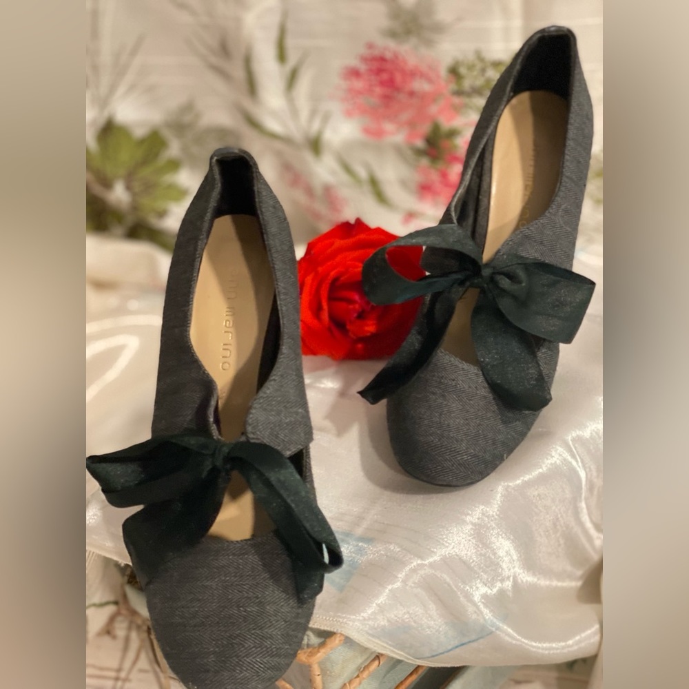 Ann Marino | Tweed Satin Bow Mary Jane Heels | Black/Gray | Women's 6.5
